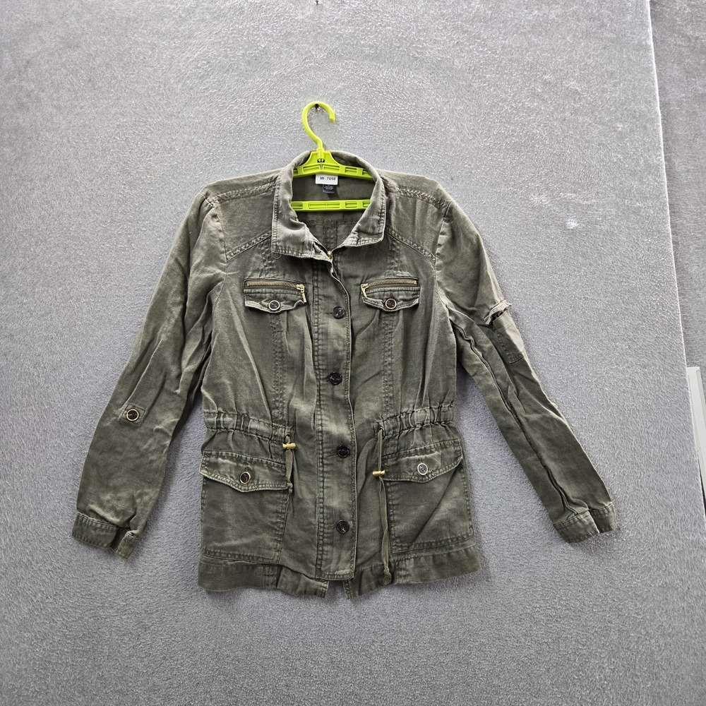 INC International Concepts Women Jacket L Green Linen Utility Safari